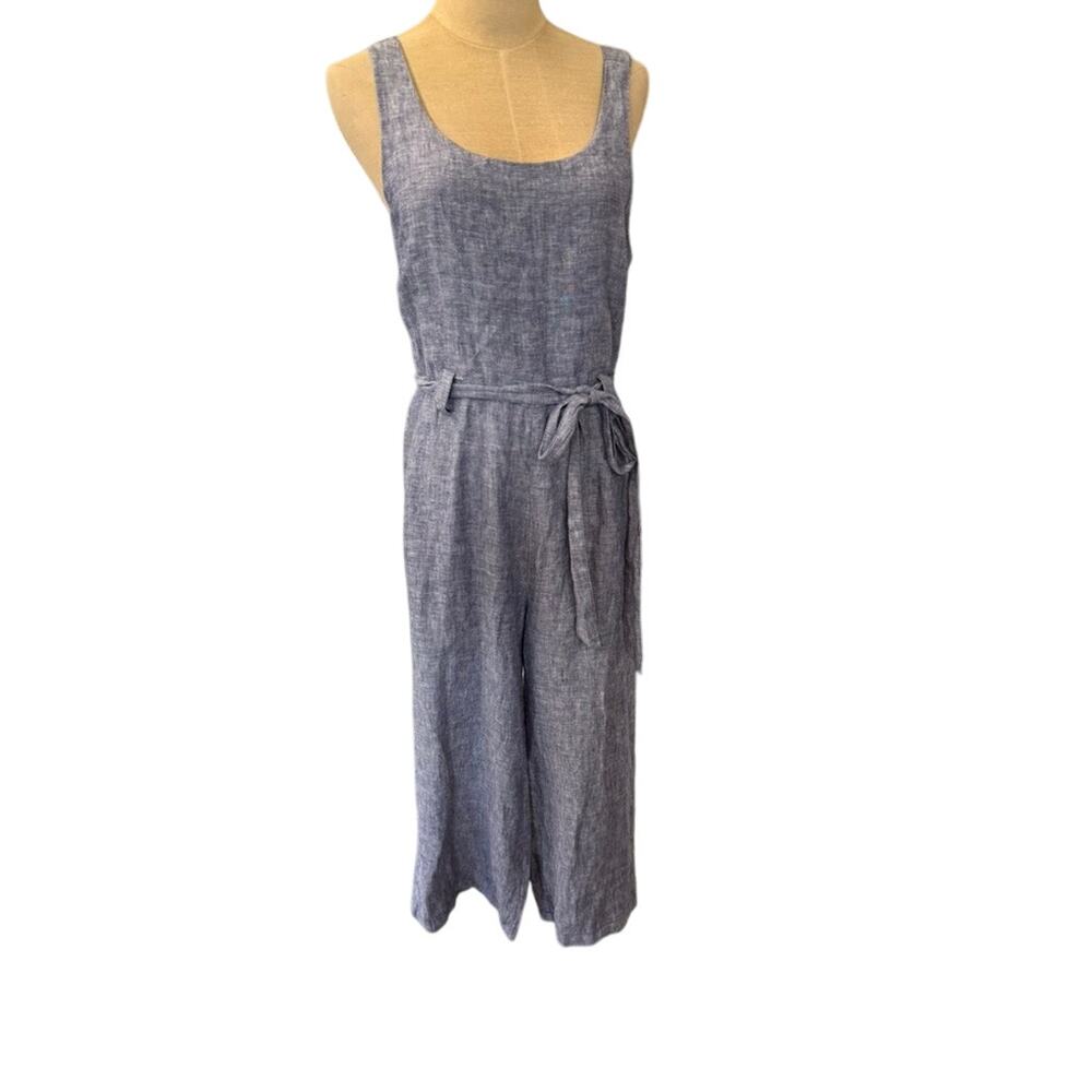 "RACHEL ZOE" 100% Linen Blue Pant Jumpsuit SZ 4 Sleeveless‎ Wide Leg BeachWear